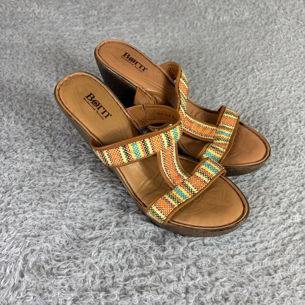 Born B67108 Womens Multi-Color Woven T-Strap Wedge Sandals Brown Leather Size 10